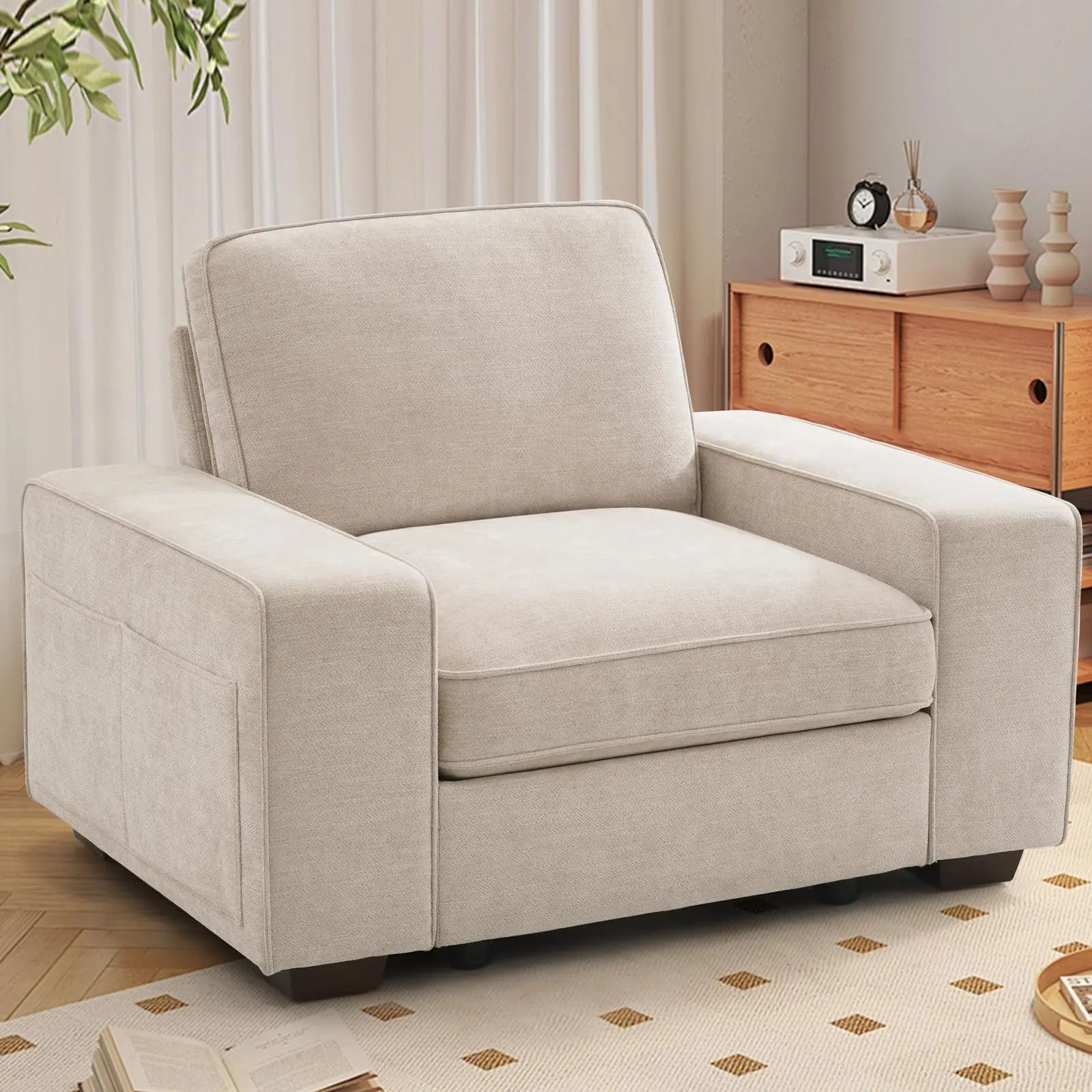 TEKAMON 45" Accent Chair with Storage, Oversized Modern Chenille Fabric Armchair with Wide Armrests, Side Pockets, USB Port, Washable Cover - Beige 