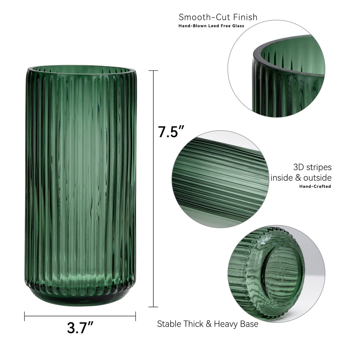 TIMEFOTO Flower Vase 7.5 inch Green Thickened Glass Vase for Bookshelf,Dinner Table,Indoor Office Desktop,Meeting Room,Bathroom,Countertop,Home Christmas Day Decoration 
