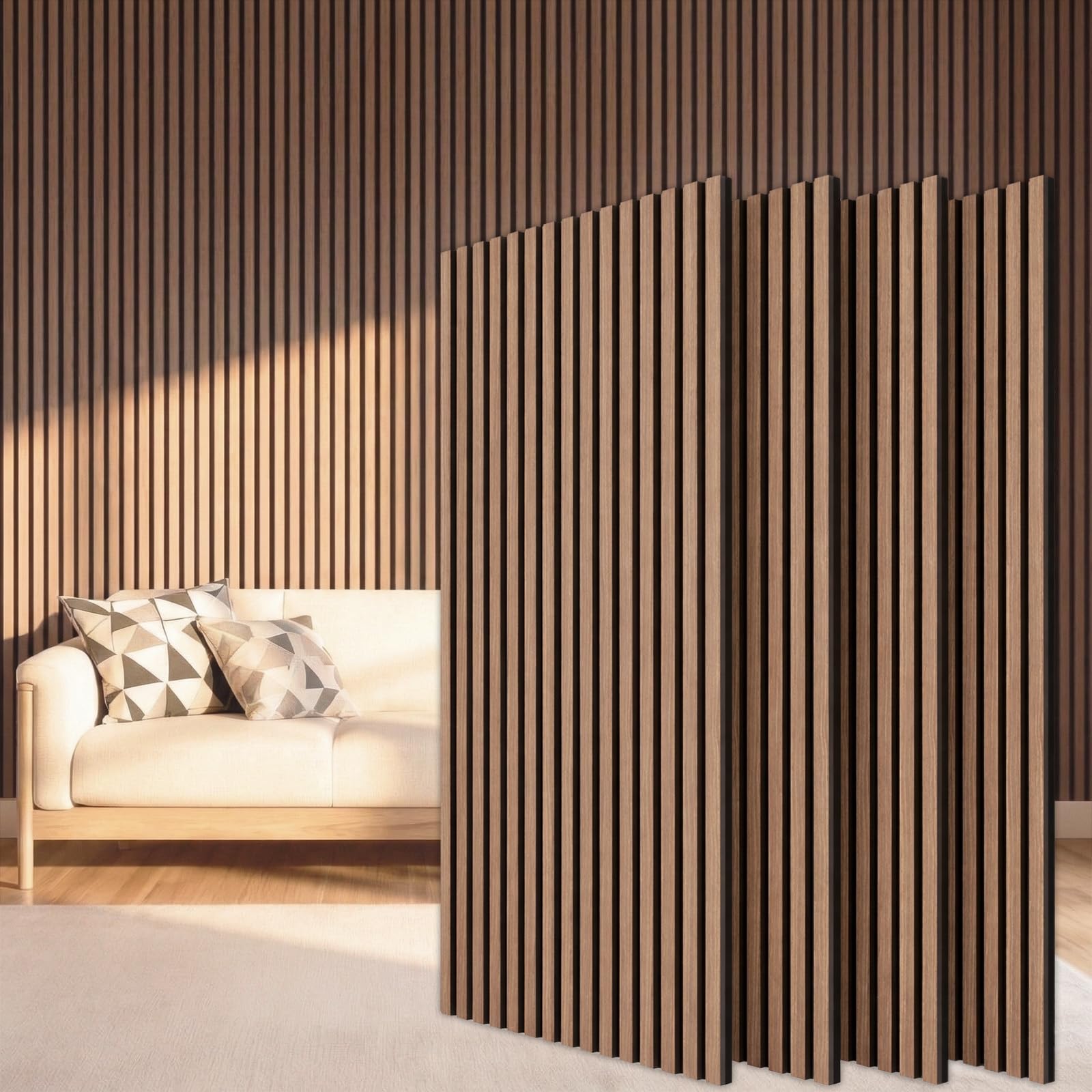 TONOR Wood Slatwall Panels, 4 Pack 47.2" x 23.6"/ 120 x60cm(31ft²) Acoustic Wall Panels, Wood Slat Acoustic Panels for Noise Cancelling and Home Decor, Living Room, Bedroom, Office, Room Decor, Walnut 