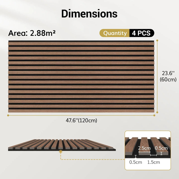 TONOR Wood Slatwall Panels, 4 Pack 47.2" x 23.6"/ 120 x60cm(31ft²) Acoustic Wall Panels, Wood Slat Acoustic Panels for Noise Cancelling and Home Decor, Living Room, Bedroom, Office, Room Decor, Walnut