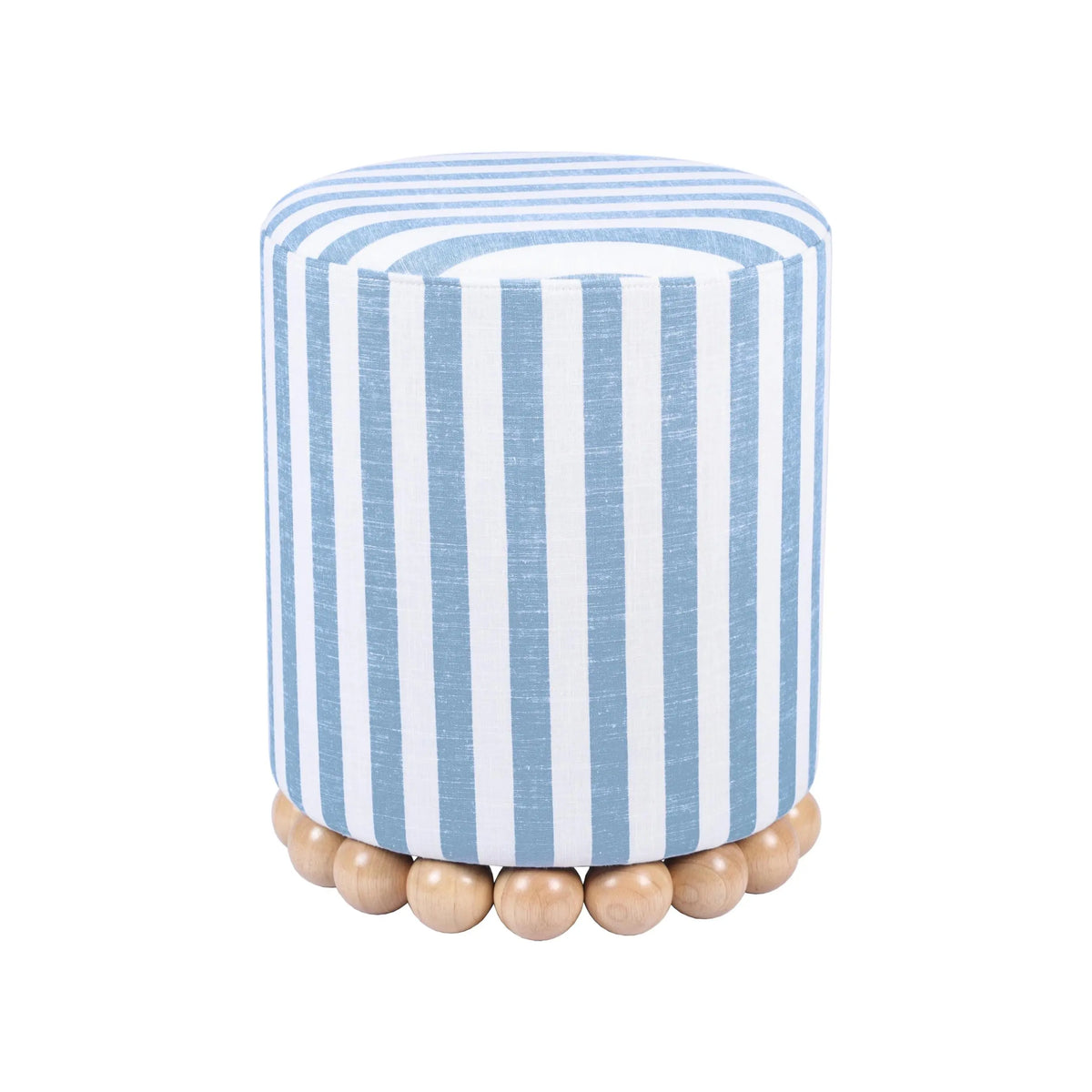 Tov Furniture Dex Pastel Blue Striped Linen Round Ottoman with Wooden Base 