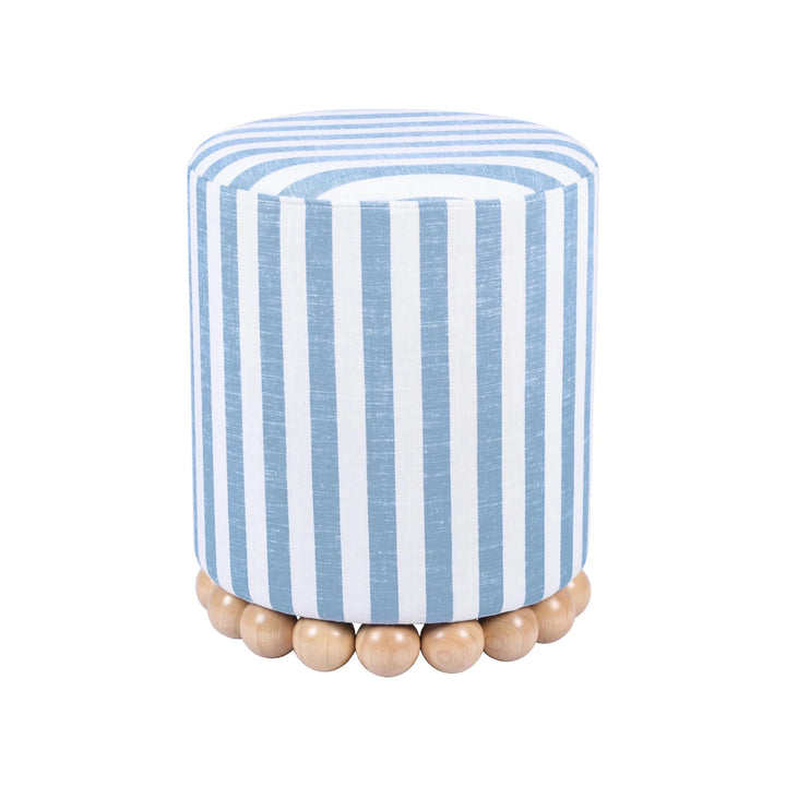 Tov Furniture Dex Pastel Blue Striped Linen Round Ottoman with Wooden Base 