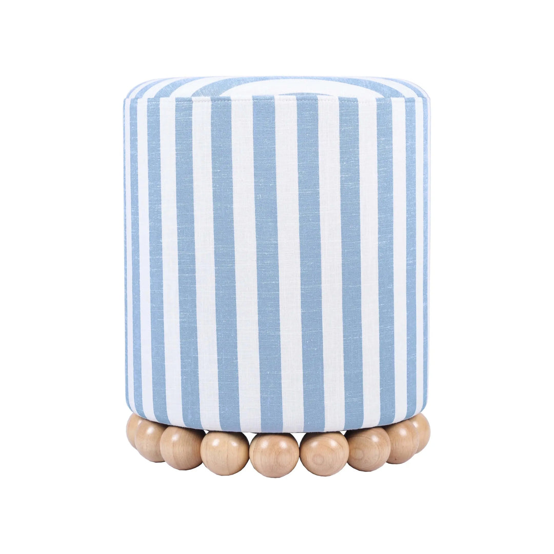 Tov Furniture Dex Pastel Blue Striped Linen Round Ottoman with Wooden Base 