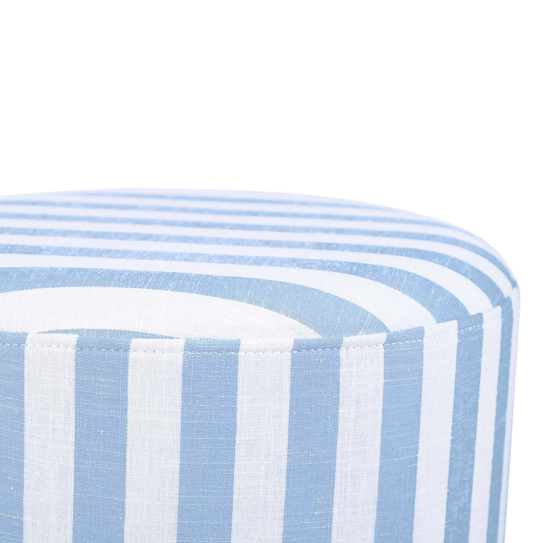 Tov Furniture Dex Pastel Blue Striped Linen Round Ottoman with Wooden Base 