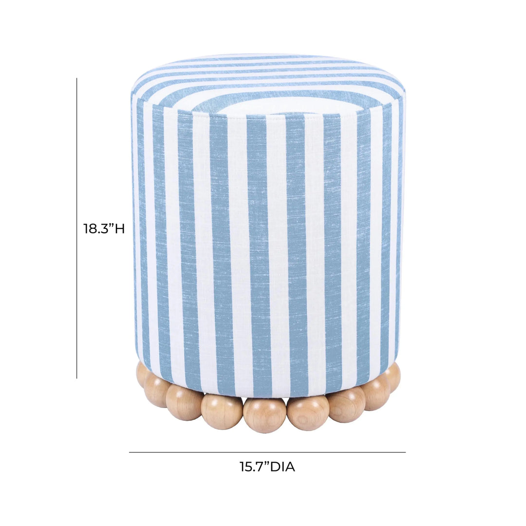 Tov Furniture Dex Pastel Blue Striped Linen Round Ottoman with Wooden Base 