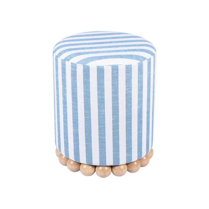 Tov Furniture Dex Pastel Blue Striped Linen Round Ottoman with Wooden Base 