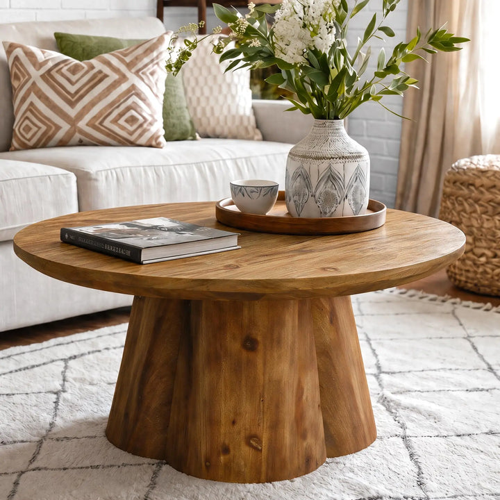 TRIBEWOOD round solid wood coffee table with a four-petal base