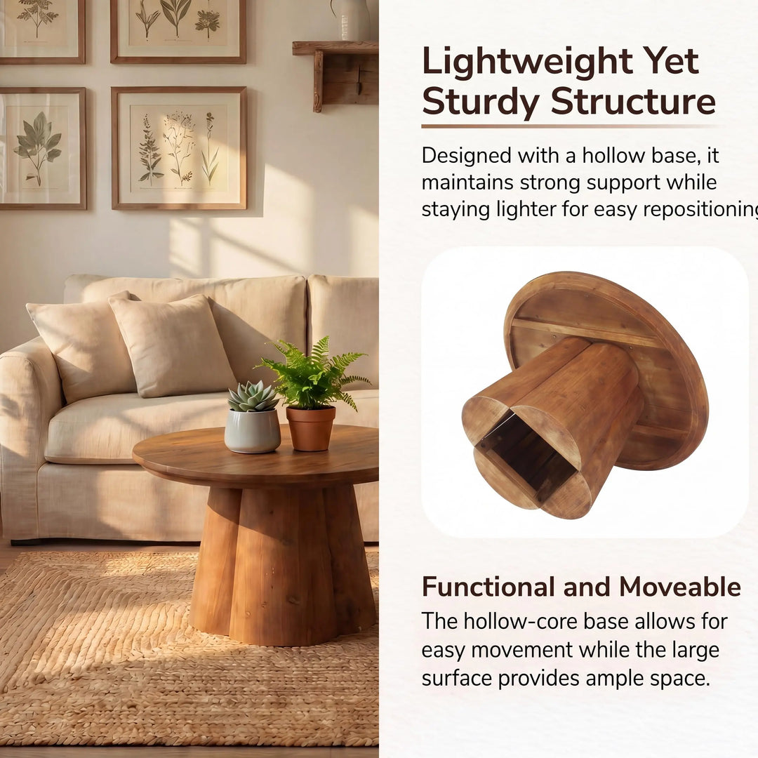TRIBEWOOD round solid wood coffee table with a four-petal base