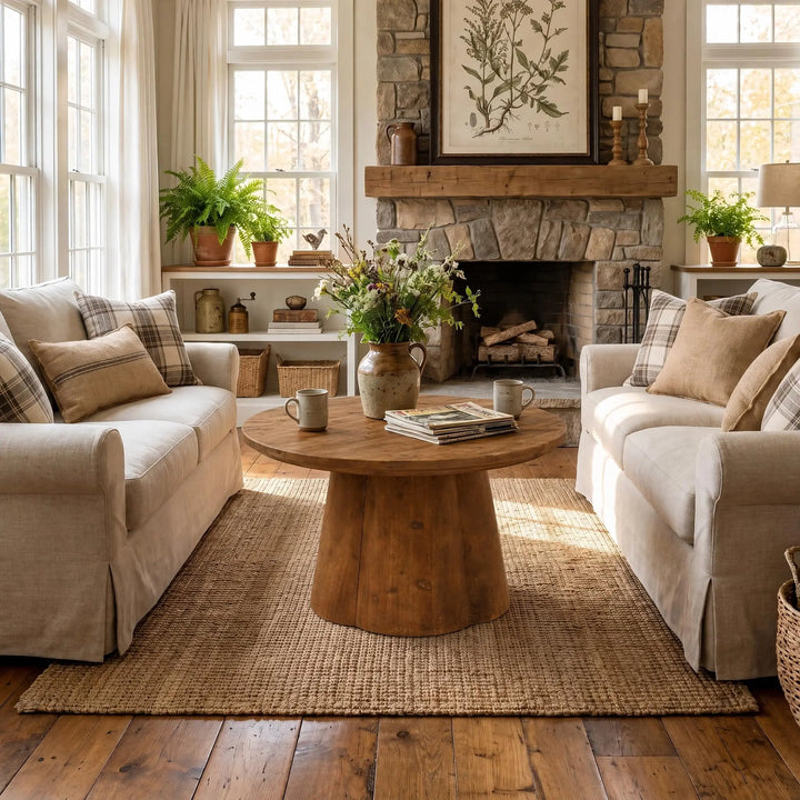TRIBEWOOD round solid wood coffee table with a four-petal base