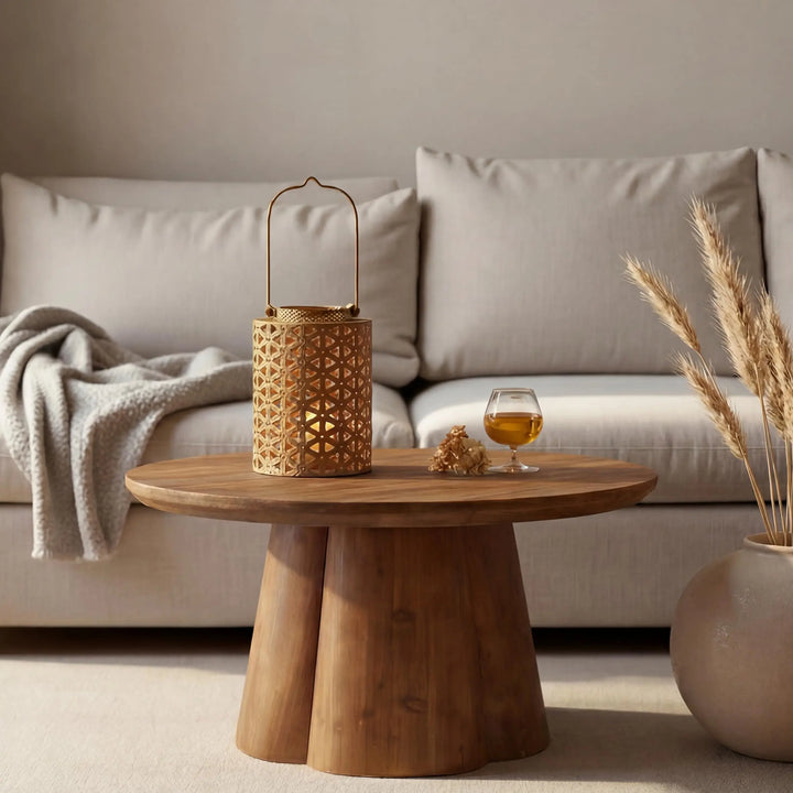 TRIBEWOOD round solid wood coffee table with a four-petal base