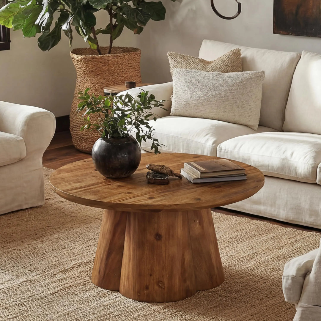 TRIBEWOOD round solid wood coffee table with a four-petal base