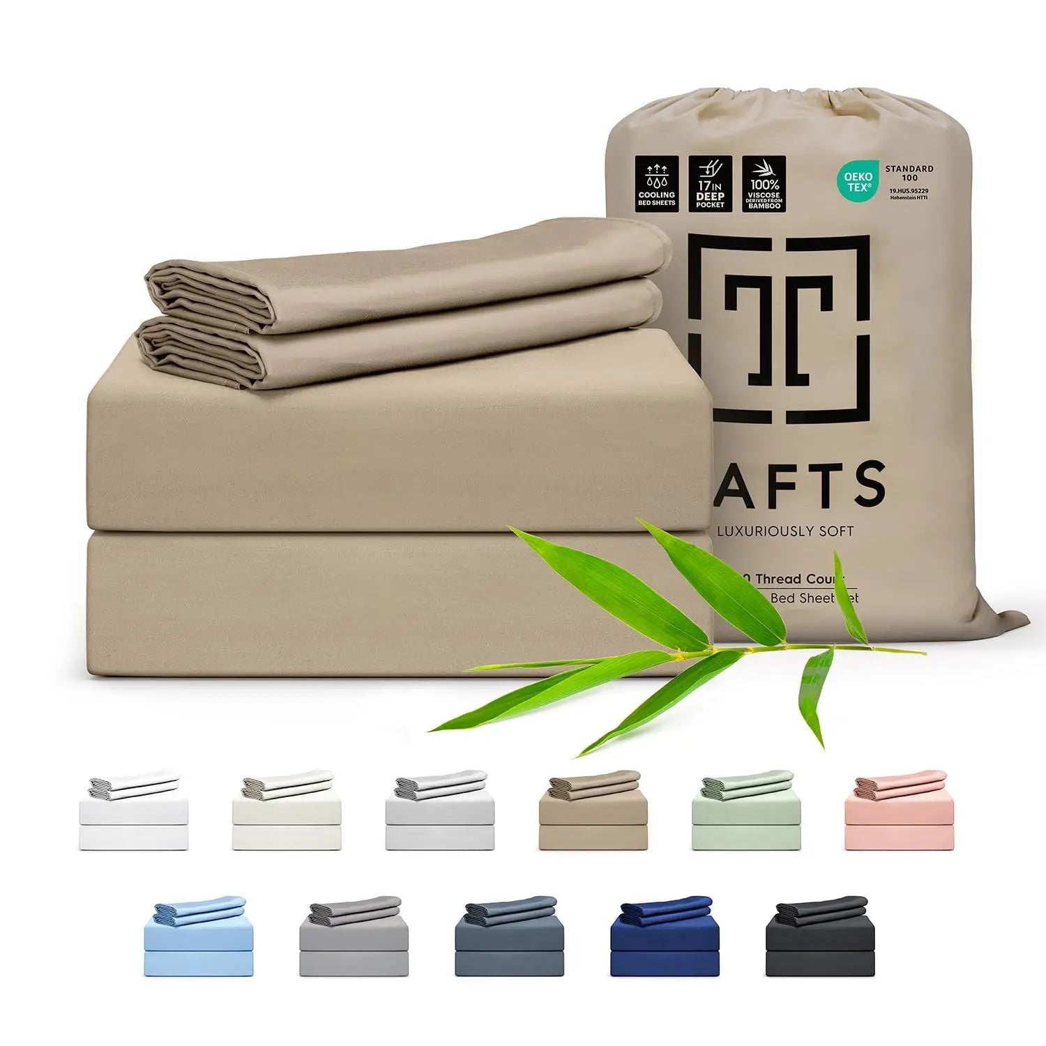 Tafts 100% Viscose derived from Bamboo Sheets Queen Size Bed Sheet Set, 17 Inch Deep Pockets, Luxuriously Soft, Silky, Cooling Sheets, Double Stitched, Lifetime Quality Promise (Beige) 