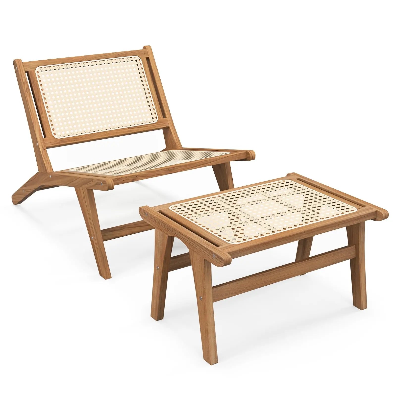 Tangkula Modern Accent Chair with Ottoman, Handwoven Rattan with Teak Wooden Frame for Indoor - Teak Natural 