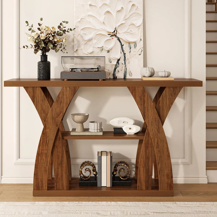 Tarnorci 55 inch Farmhouse Entryway Table, Console Table with 3-Tier Storage, Rustic Striped Brown X-Shaped Narrow Entry Table for Behind Couch, Living Room, Hallway, Foyer