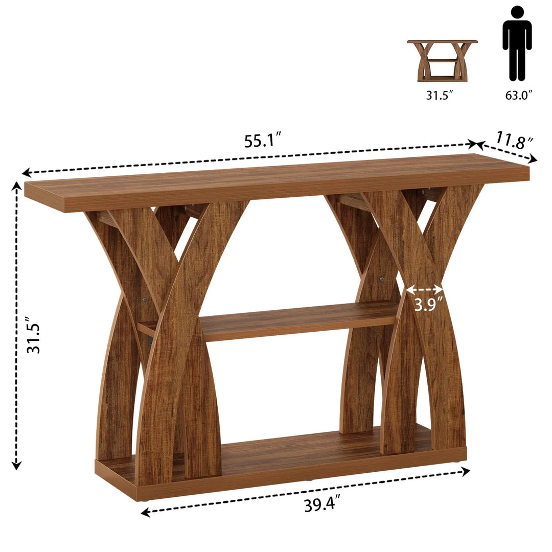 Tarnorci 55 inch Farmhouse Entryway Table, Console Table with 3-Tier Storage, Rustic Striped Brown X-Shaped Narrow Entry Table for Behind Couch, Living Room, Hallway, Foyer