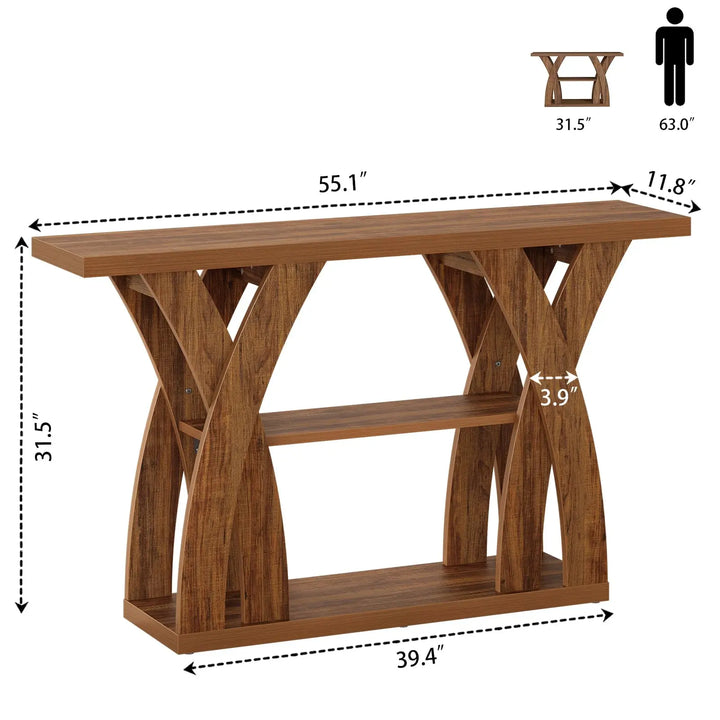 Tarnorci 55 inch Farmhouse Entryway Table, Console Table with 3-Tier Storage, Rustic Striped Brown X-Shaped Narrow Entry Table for Behind Couch, Living Room, Hallway, Foyer