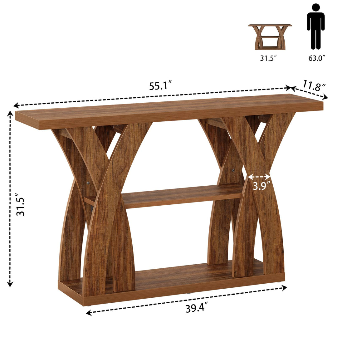Tarnorci 55 inch Farmhouse Entryway Table, Console Table with 3-Tier Storage, Rustic Striped Brown X-Shaped Narrow Entry Table for Behind Couch, Living Room, Hallway, Foyer 