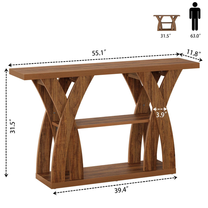 Tarnorci 55 inch Farmhouse Entryway Table, Console Table with 3-Tier Storage, Rustic Striped Brown X-Shaped Narrow Entry Table for Behind Couch, Living Room, Hallway, Foyer 