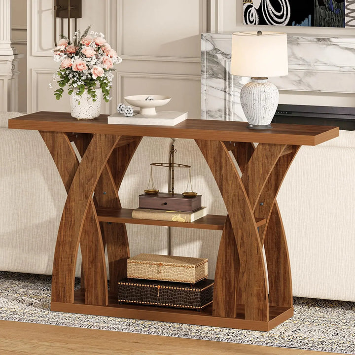 Tarnorci 55 inch Farmhouse Entryway Table, Console Table with 3-Tier Storage, Rustic Striped Brown X-Shaped Narrow Entry Table for Behind Couch, Living Room, Hallway, Foyer