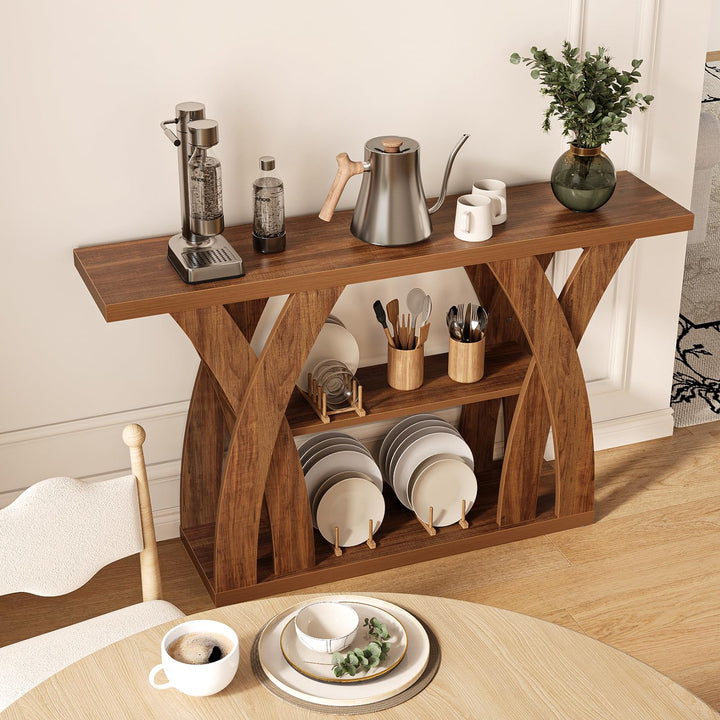 Tarnorci 55 inch Farmhouse Entryway Table, Console Table with 3-Tier Storage, Rustic Striped Brown X-Shaped Narrow Entry Table for Behind Couch, Living Room, Hallway, Foyer 