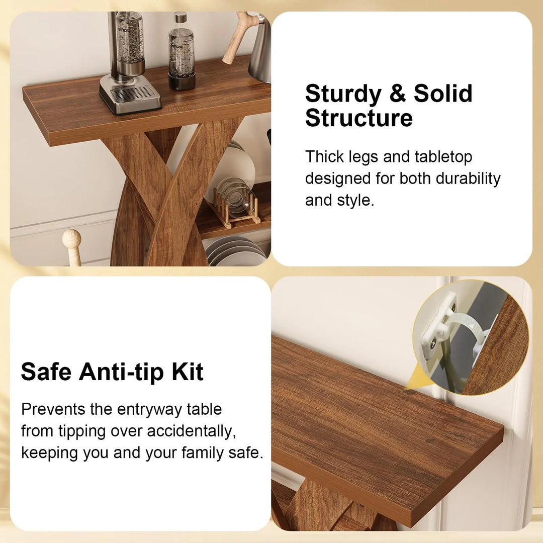 Tarnorci 55 inch Farmhouse Entryway Table, Console Table with 3-Tier Storage, Rustic Striped Brown X-Shaped Narrow Entry Table for Behind Couch, Living Room, Hallway, Foyer