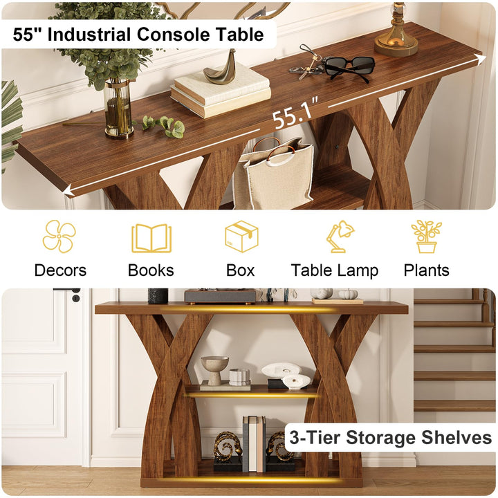 Tarnorci 55 inch Farmhouse Entryway Table, Console Table with 3-Tier Storage, Rustic Striped Brown X-Shaped Narrow Entry Table for Behind Couch, Living Room, Hallway, Foyer 