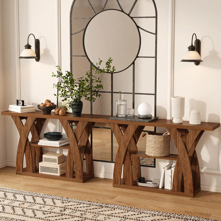 Tarnorci 55 inch Farmhouse Entryway Table, Console Table with 3-Tier Storage, Rustic Striped Brown X-Shaped Narrow Entry Table for Behind Couch, Living Room, Hallway, Foyer