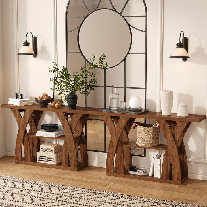 Tarnorci 55 inch Farmhouse Entryway Table, Console Table with 3-Tier Storage, Rustic Striped Brown X-Shaped Narrow Entry Table for Behind Couch, Living Room, Hallway, Foyer 