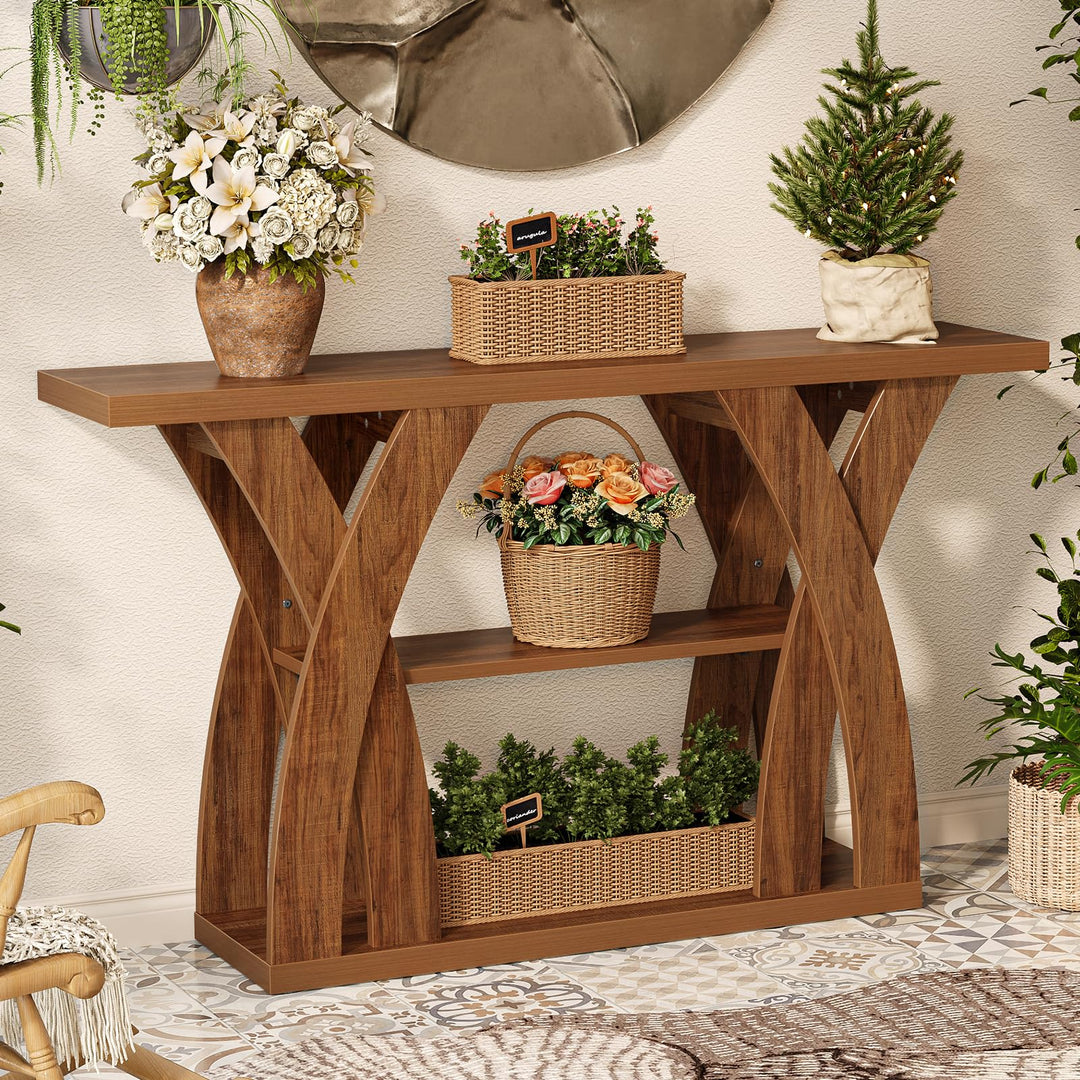 Tarnorci 55 inch Farmhouse Entryway Table, Console Table with 3-Tier Storage, Rustic Striped Brown X-Shaped Narrow Entry Table for Behind Couch, Living Room, Hallway, Foyer 