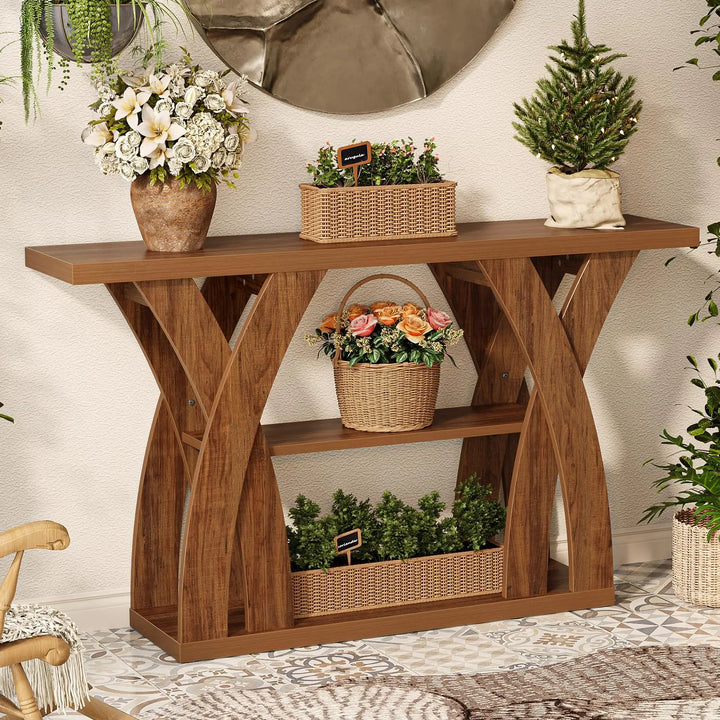 Tarnorci 55 inch Farmhouse Entryway Table, Console Table with 3-Tier Storage, Rustic Striped Brown X-Shaped Narrow Entry Table for Behind Couch, Living Room, Hallway, Foyer