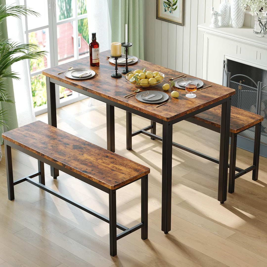 Tatub Dining Table Set for 4, 3-Piece Kitchen Table with 2 Benches, Space-Saving Dining Room Set for Breakfast Nook and Small Spaces, Brown 