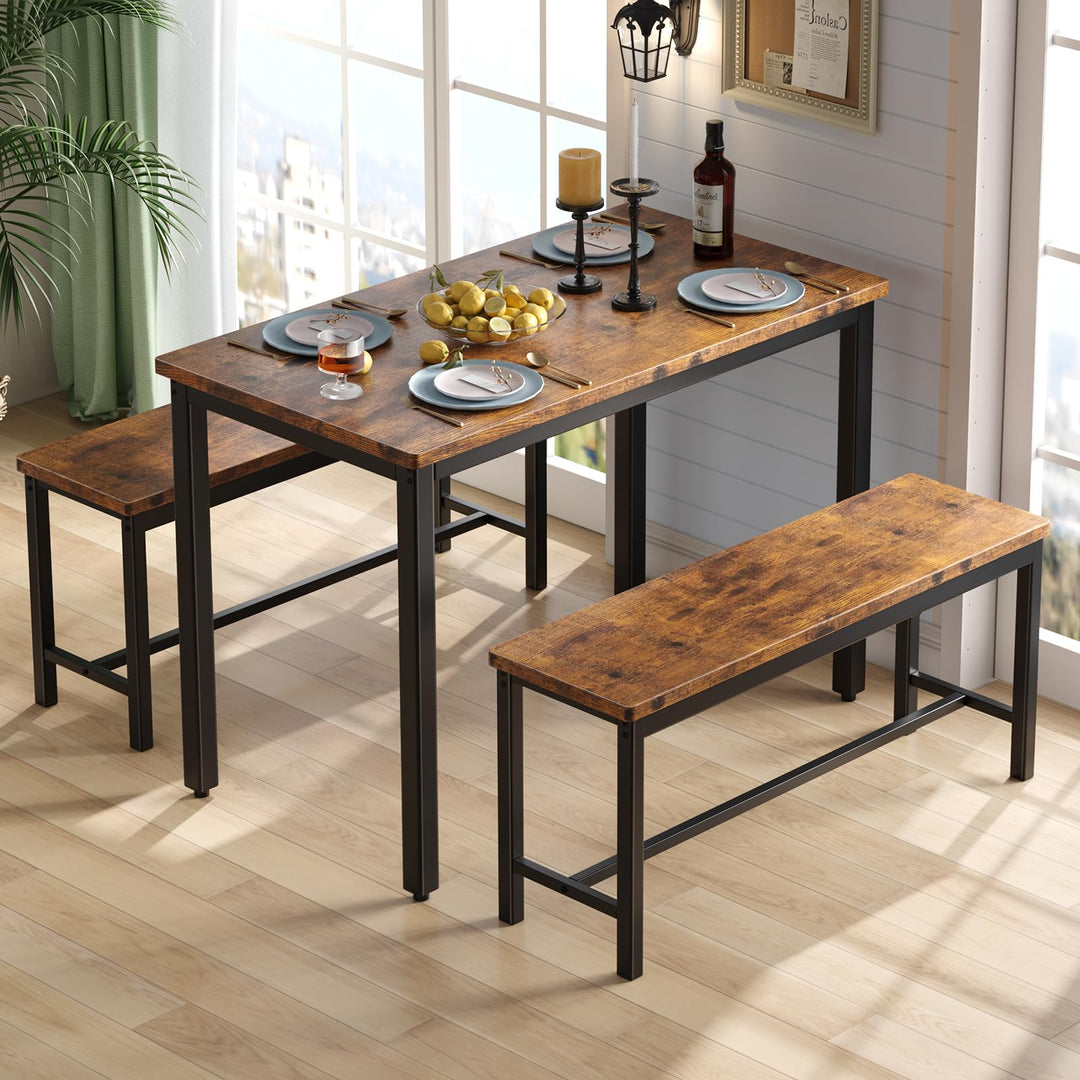 Tatub Dining Table Set for 4, 3-Piece Kitchen Table with 2 Benches, Space-Saving Dining Room Set for Breakfast Nook and Small Spaces, Brown 
