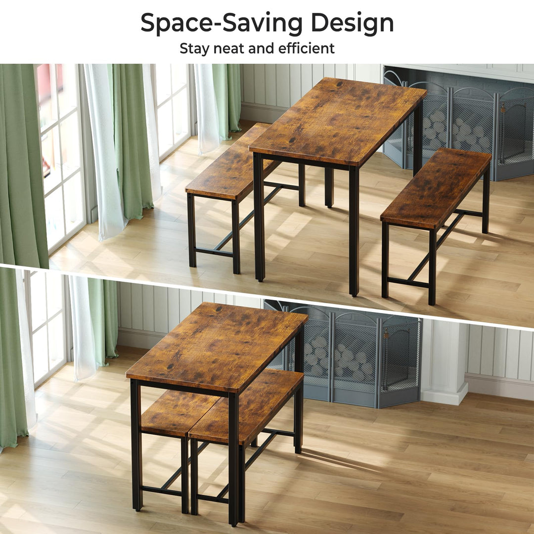Tatub Dining Table Set for 4, 3-Piece Kitchen Table with 2 Benches, Space-Saving Dining Room Set for Breakfast Nook and Small Spaces, Brown 