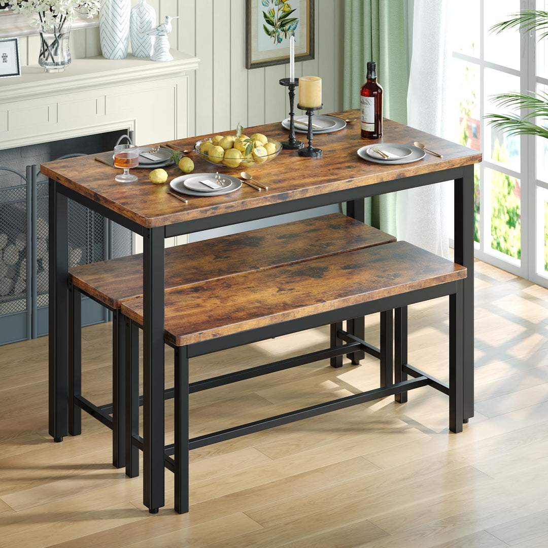 Tatub Dining Table Set for 4, 3-Piece Kitchen Table with 2 Benches, Space-Saving Dining Room Set for Breakfast Nook and Small Spaces, Brown 