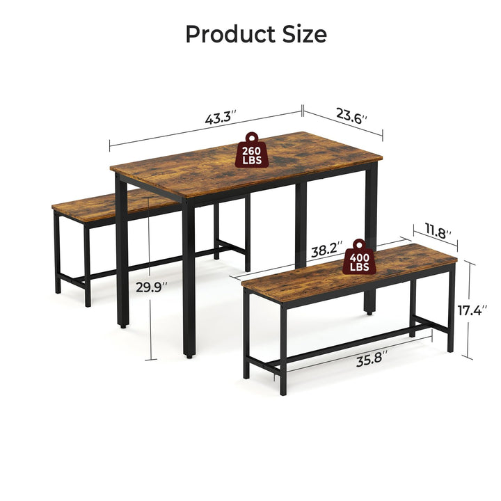 Tatub Dining Table Set for 4, 3-Piece Kitchen Table with 2 Benches, Space-Saving Dining Room Set for Breakfast Nook and Small Spaces, Brown 