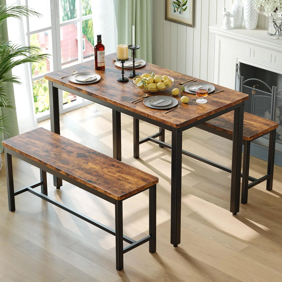 Tatub Dining Table Set for 4, 3-Piece Kitchen Table with 2 Benches, Space-Saving Dining Room Set for Breakfast Nook and Small Spaces, Brown 