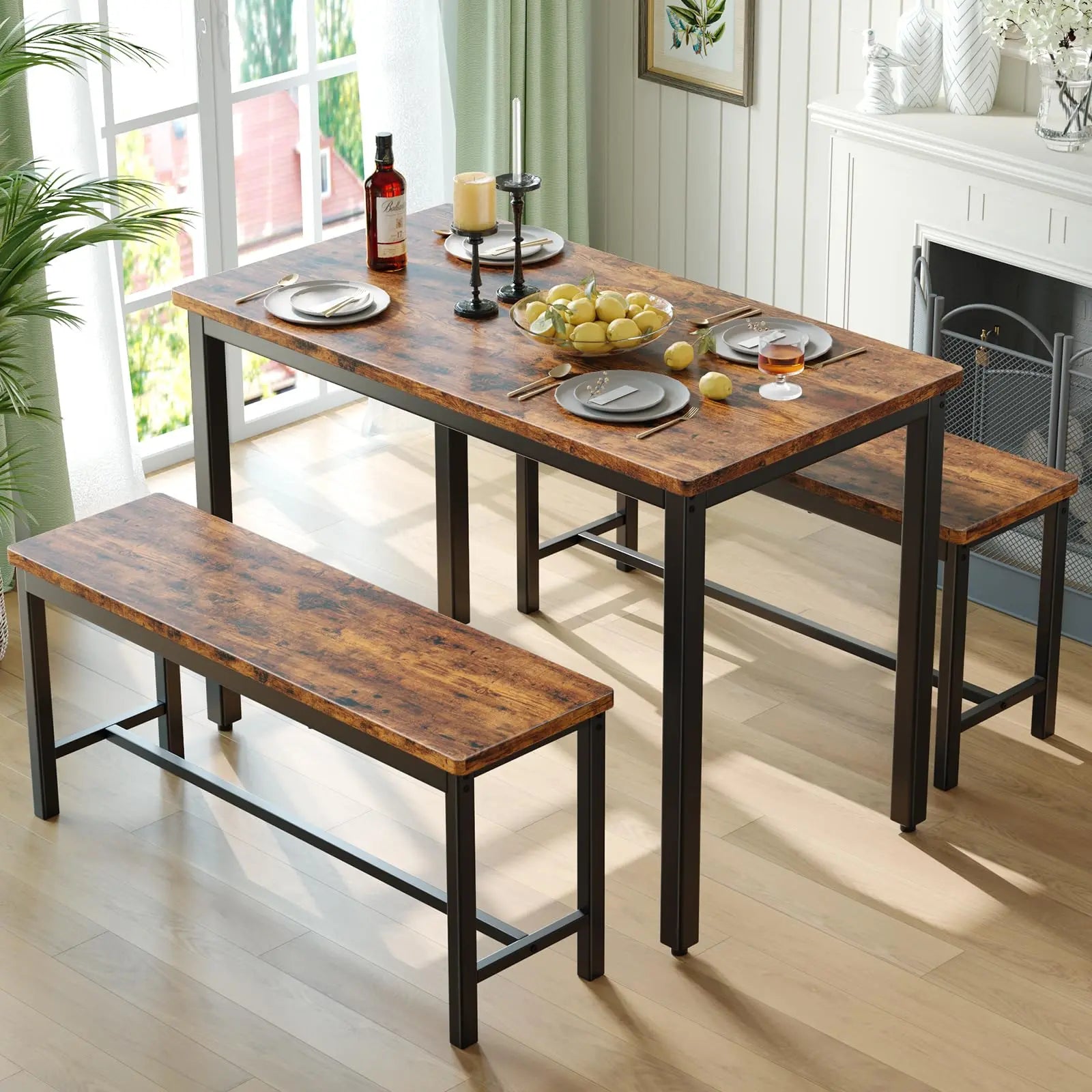 Tatub Dining Table Set for 4, 3-Piece Kitchen Table with 2 Benches, Space-Saving Dining Room Set for Breakfast Nook and Small Spaces, Brown 