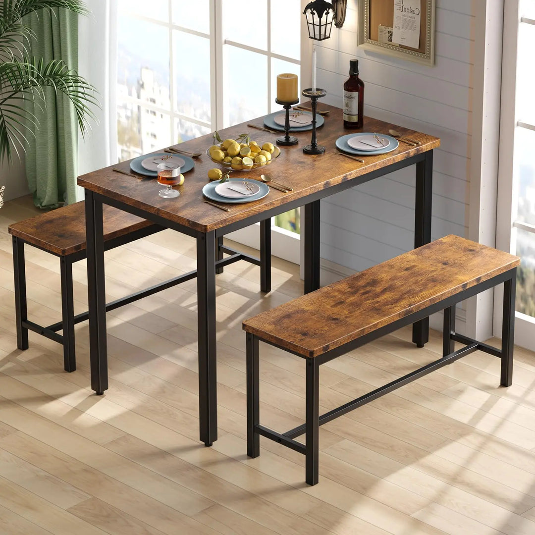 Tatub Dining Table Set for 4, 3-Piece Kitchen Table with 2 Benches, Space-Saving Dining Room Set for Breakfast Nook and Small Spaces, Brown 