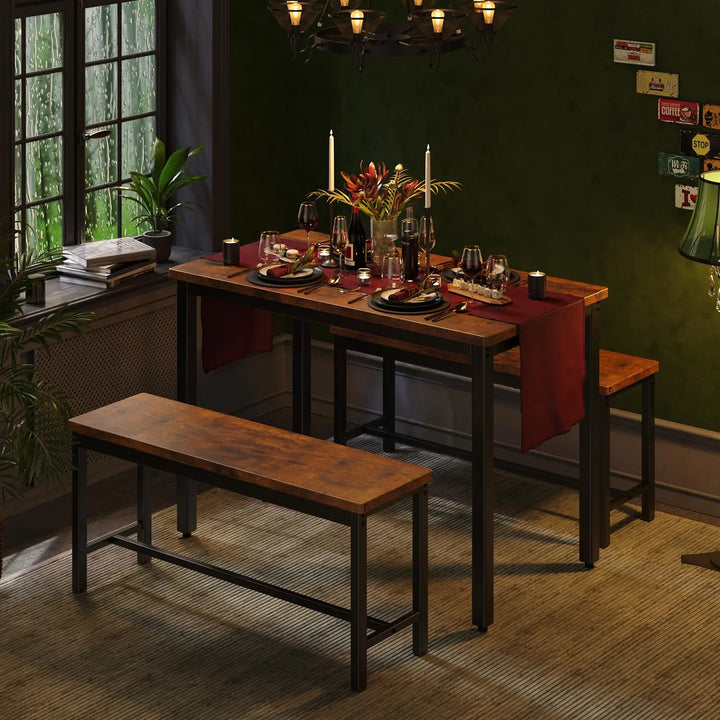 Tatub Dining Table Set for 4, 3-Piece Kitchen Table with 2 Benches, Space-Saving Dining Room Set for Breakfast Nook and Small Spaces, Brown 