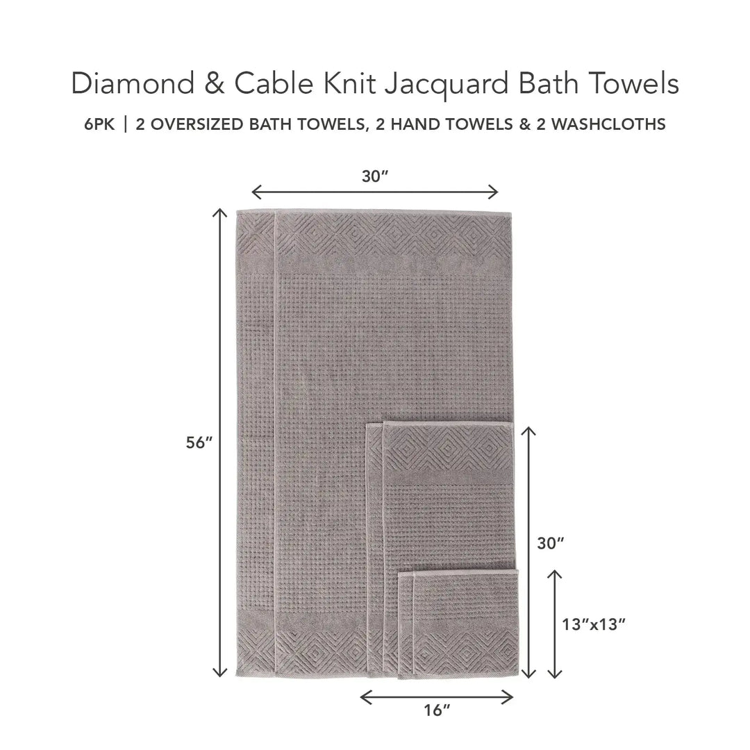 Texere 100% Organic Cotton Diamond Jacquard 700 GSM Luxury Bath Towel Sets - 2 Ultra Soft, Large Bath Towels, 2 Hand Towels, 2 Washcloths (Diamond, Cathedral Gray, 6 Piece) 
