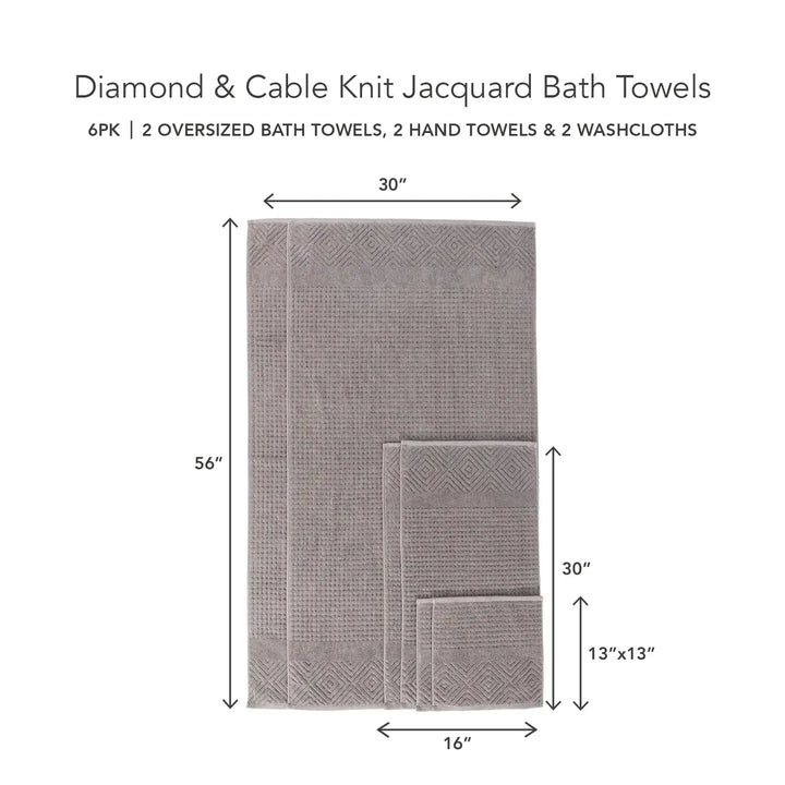 Texere 100% Organic Cotton Diamond Jacquard 700 GSM Luxury Bath Towel Sets - 2 Ultra Soft, Large Bath Towels, 2 Hand Towels, 2 Washcloths (Diamond, Cathedral Gray, 6 Piece) 