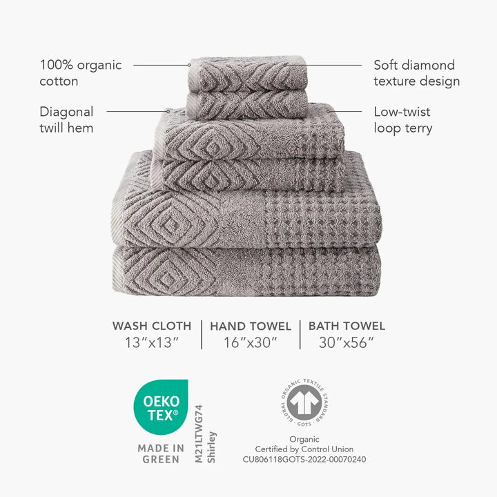 Texere 100% Organic Cotton Diamond Jacquard 700 GSM Luxury Bath Towel Sets - 2 Ultra Soft, Large Bath Towels, 2 Hand Towels, 2 Washcloths (Diamond, Cathedral Gray, 6 Piece) 