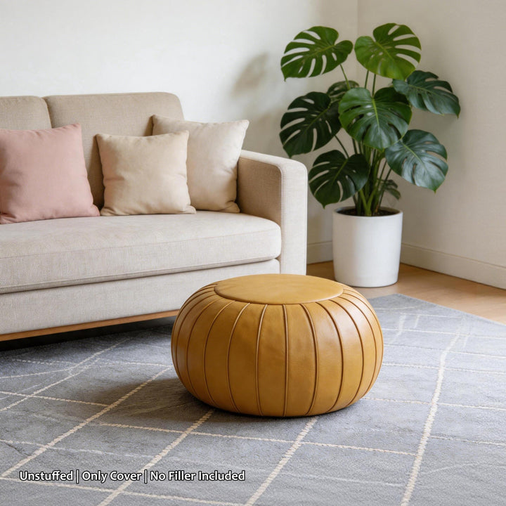 Thgonwid Unstuffed Storage Pouf Ottoman Foot Stool, Empty Shell, Handmade Faux Suede Round Floor Cushion Cover 21.6"x13" for Living Room, Bedroom, Wedding Decor (Yellow) 