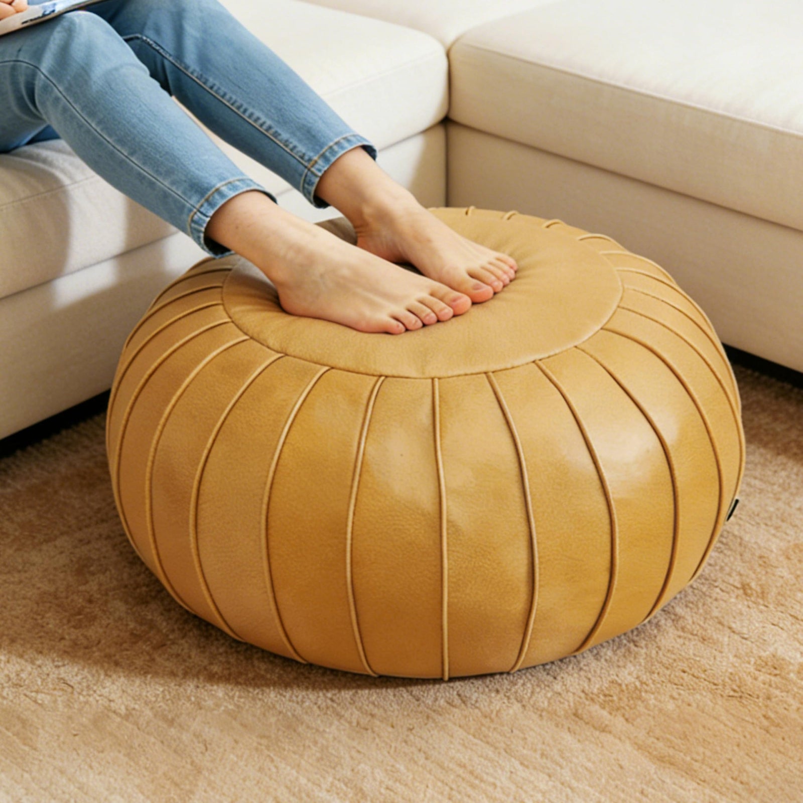 Thgonwid Unstuffed Storage Pouf Ottoman Foot Stool, Empty Shell, Handmade Faux Suede Round Floor Cushion Cover 21.6"x13" for Living Room, Bedroom, Wedding Decor (Yellow) 