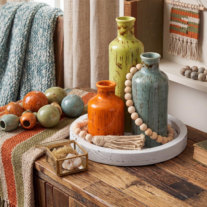 Tiangrid 5 Pcs Coffee Table Decor Set, Mexican Color, Distressed White Tray 