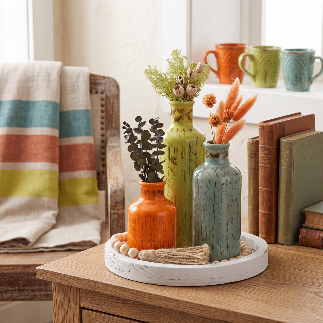 Tiangrid 5 Pcs Coffee Table Decor Set, Mexican Color, Distressed White Tray 