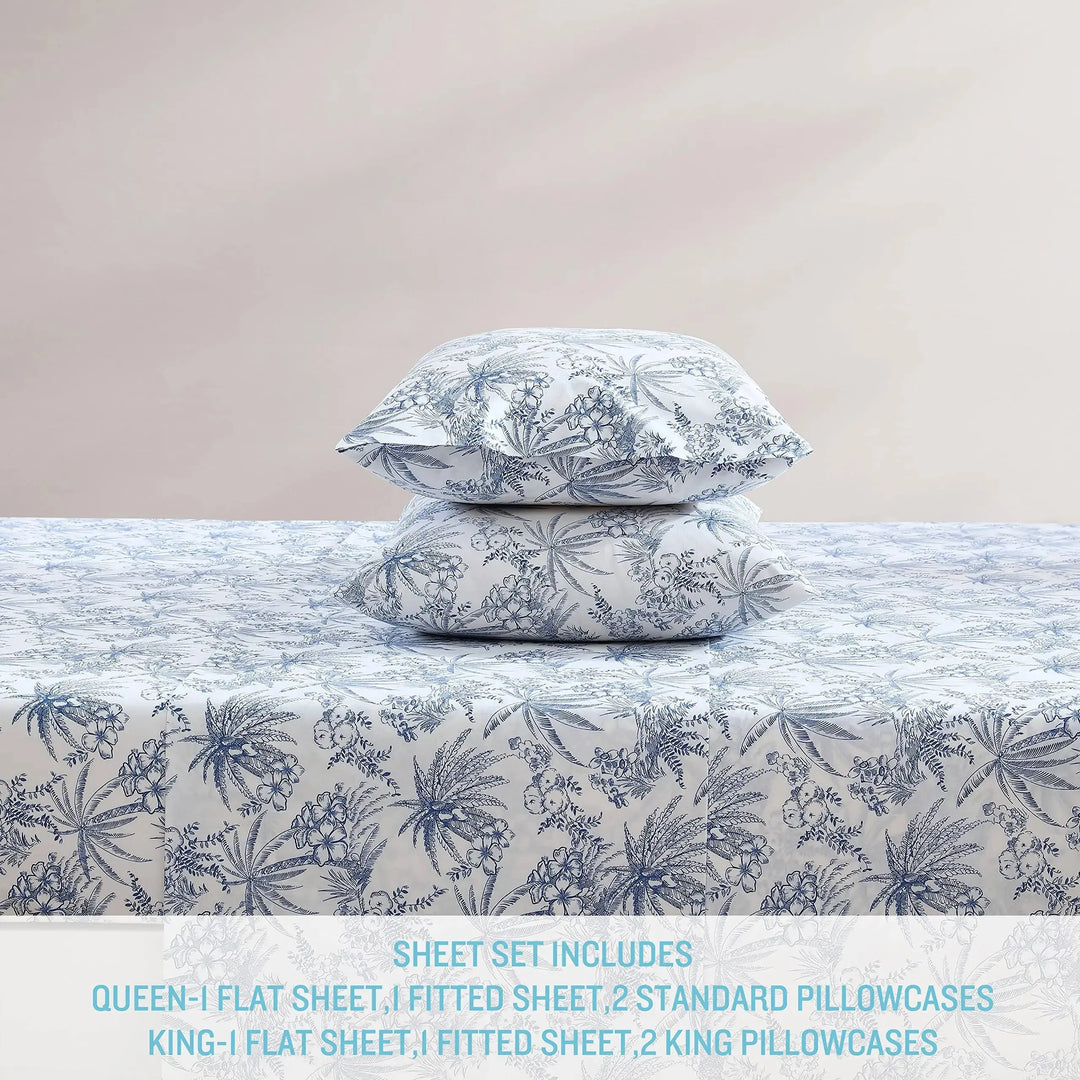Tommy Bahama - King Sheets, Cotton Percale Bedding Set, Crisp & Cool, Stylish Home Decor (Pen and Ink Palm Blue, King)(USHSA01035855) 