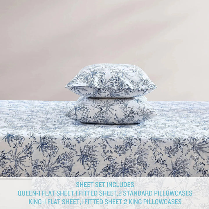 Tommy Bahama - King Sheets, Cotton Percale Bedding Set, Crisp & Cool, Stylish Home Decor (Pen and Ink Palm Blue, King)(USHSA01035855) 