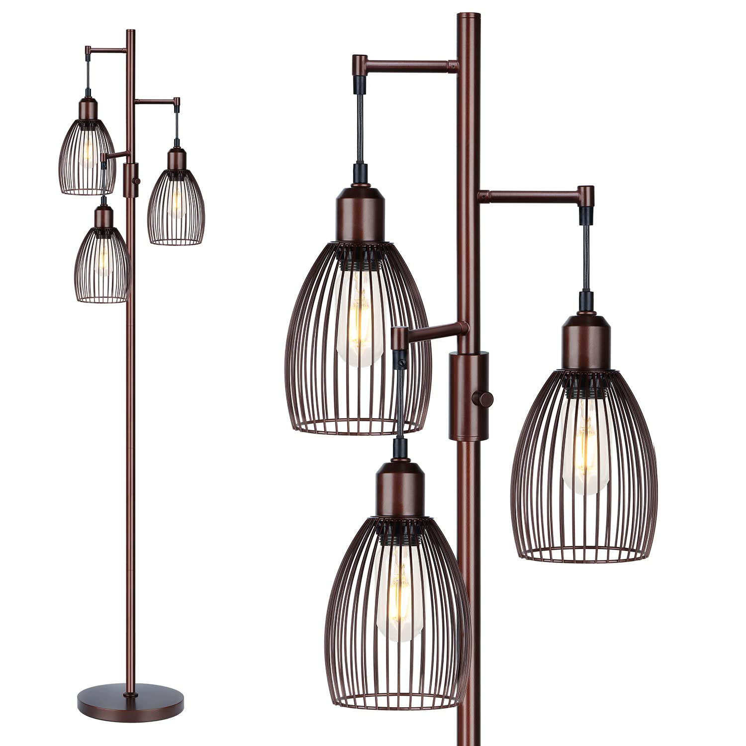 Torondo Dimmable Floor Lamp, Industrial Floor Lamps for Living Room, Brown Tree Lamp Standing Lamp Tall Lamps with 3 Elegant Teardrop Cage Head & 800 Lumens LED Bulbs for Living Room Bedroom Office 