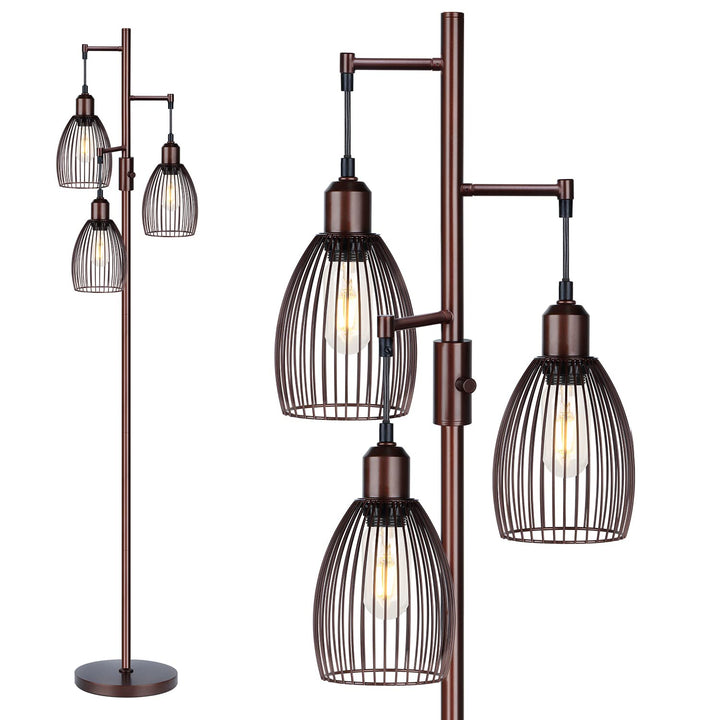 Torondo Dimmable Floor Lamp, Industrial Floor Lamps for Living Room, Brown Tree Lamp Standing Lamp Tall Lamps with 3 Elegant Teardrop Cage Head &amp; 800 Lumens LED Bulbs for Living Room Bedroom Office 